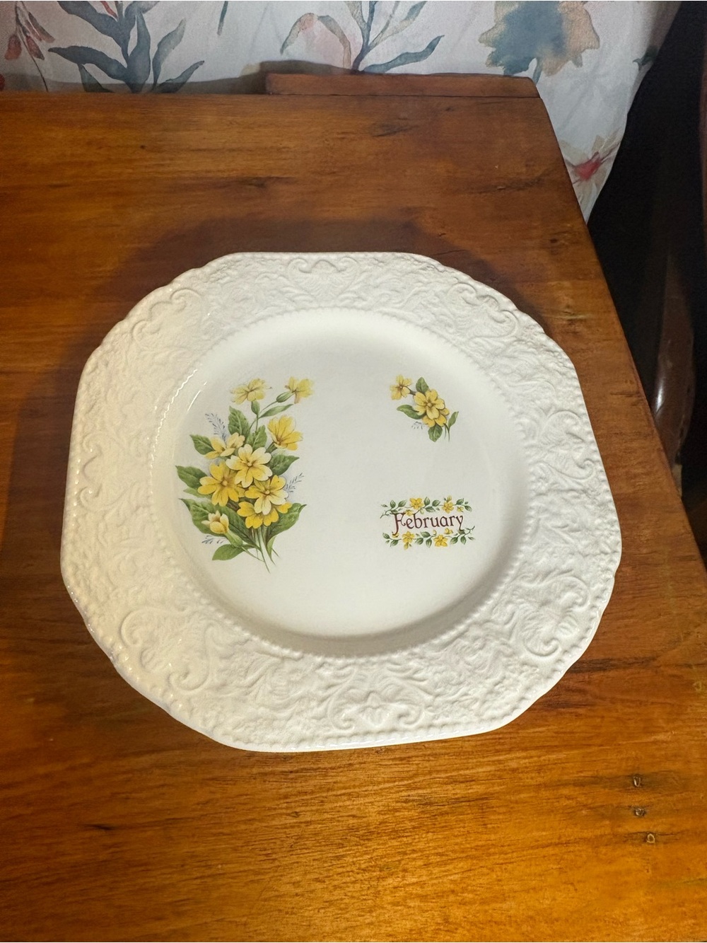 Vintage February Floral Embossed Dinner Plate - White with Yellow Flowers